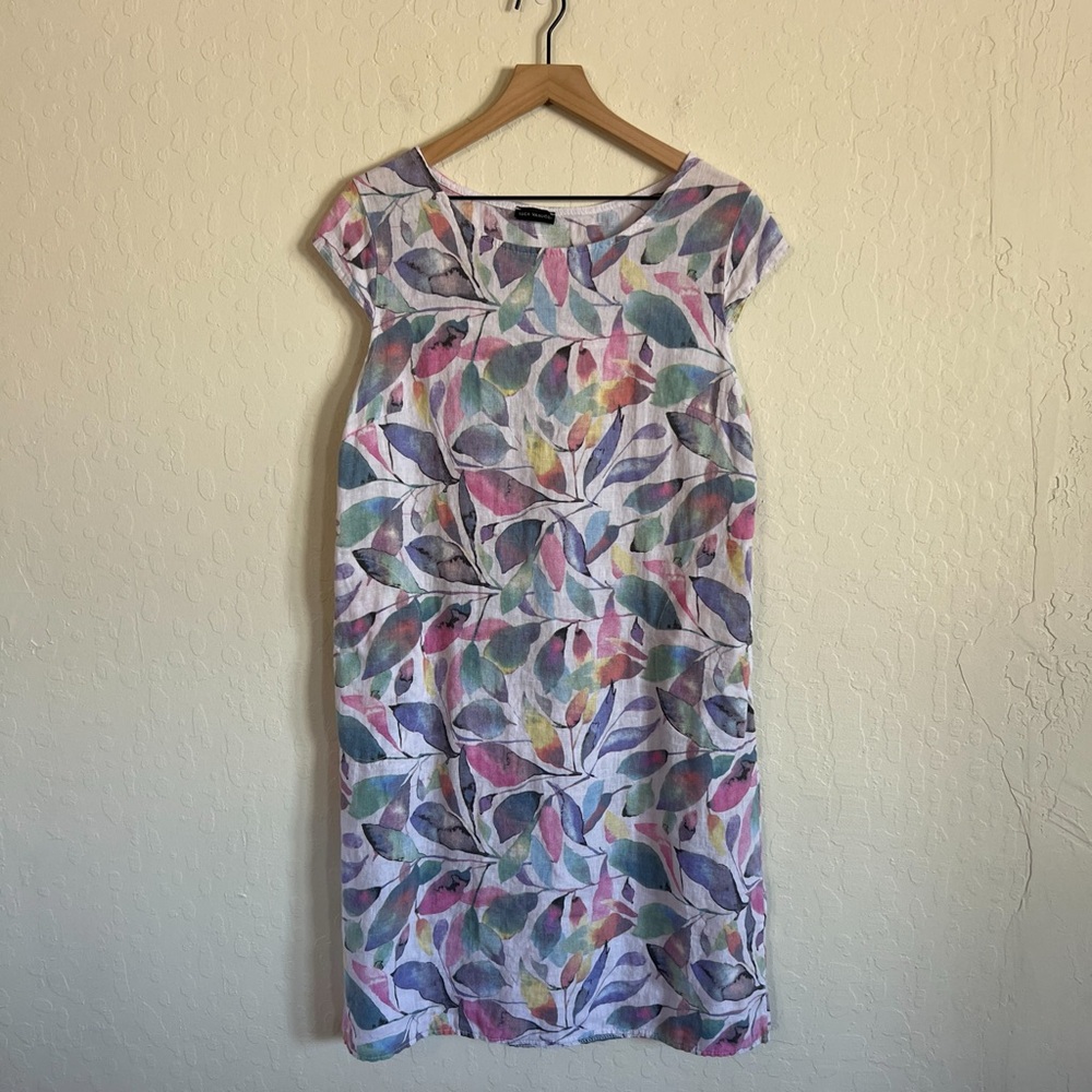 Luca Vanucci 100% Linen Short Cap Sleeve Shift Dress Small Watercolor Floral